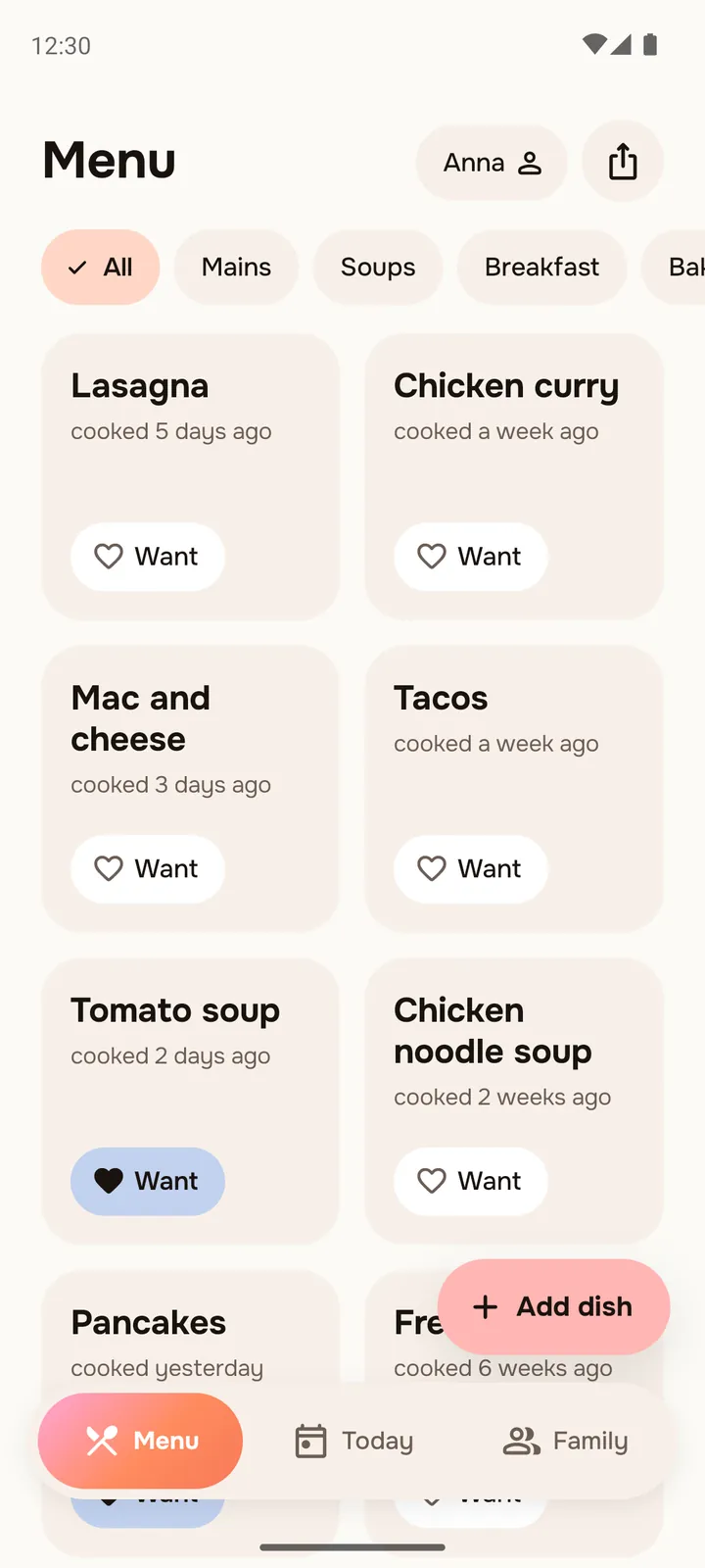 The family menu in domenu: dish cards in a grid with category chips on top, each with when it was last cooked and a Want button.