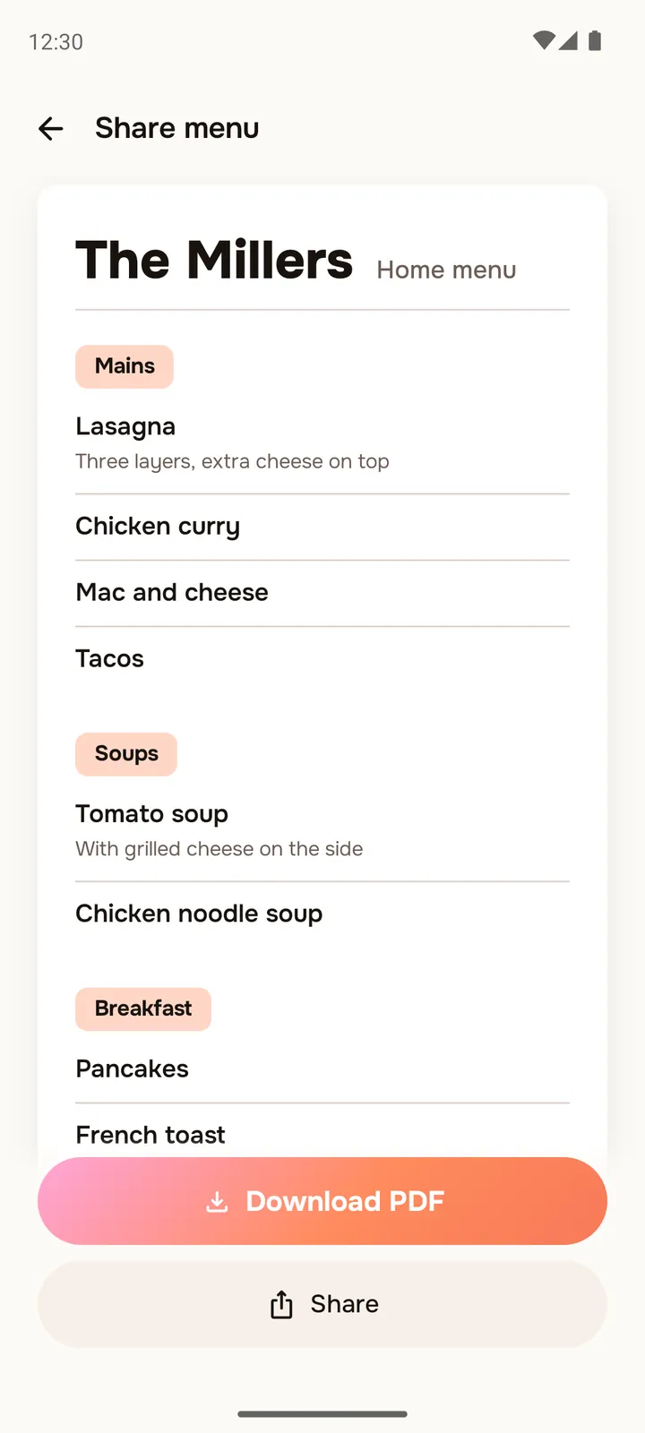 The Share menu screen: the family menu laid out like a restaurant menu, with Download PDF and Share buttons.