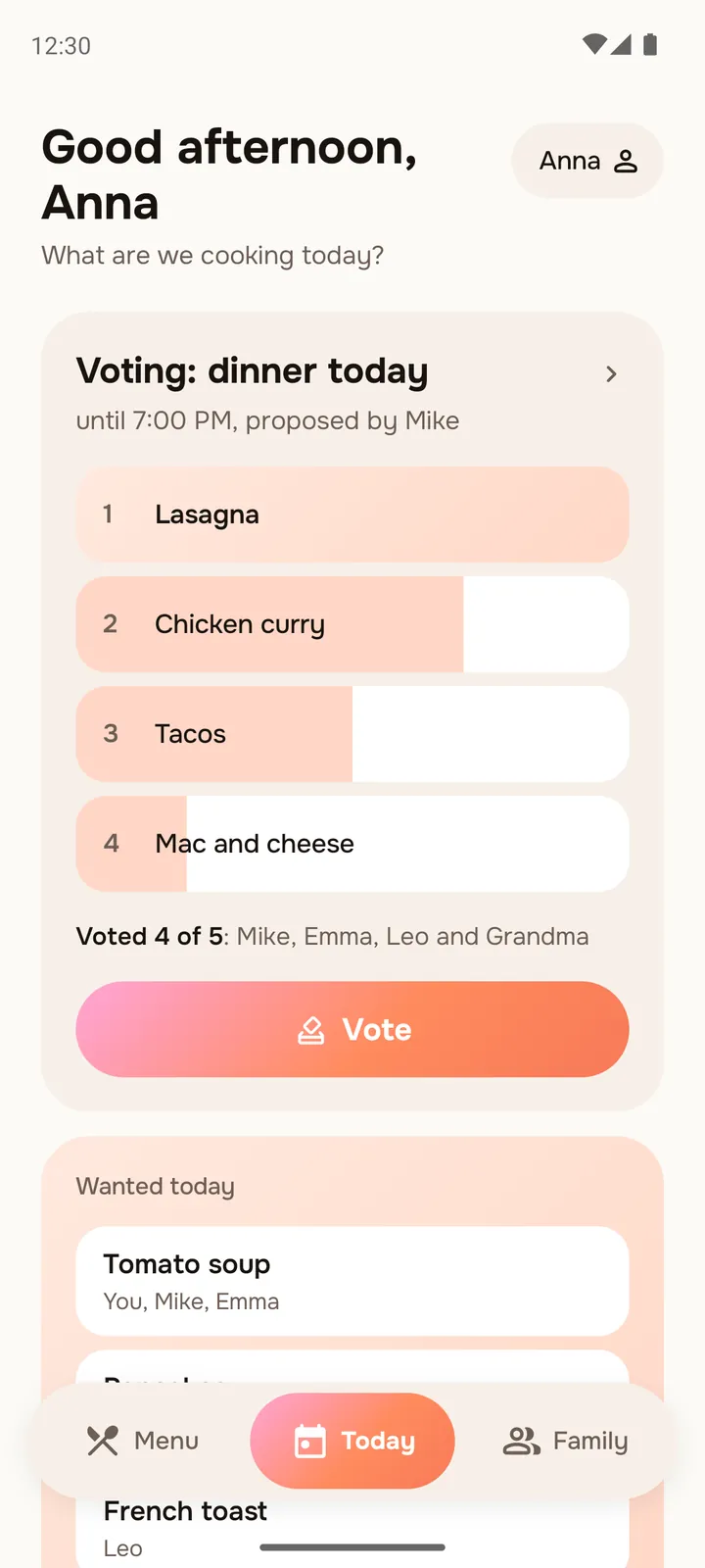 The Today screen: a dinner vote in progress with four dishes ranked by score bars, who has voted so far, a Vote button and the Wanted today card below.